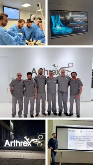 Κολάζ εικόνων από διεθνή εκπαίδευση σε σύγχρονες MIS τεχνικές ποδοκνημικής, με θεωρητικές παρουσιάσεις και πρακτική εκπαίδευση στην Arthrex.